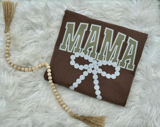 Brown “Mama” Pearl Coquette Bow Tee