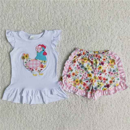 Floral Chicken Ruffle Shorts Set